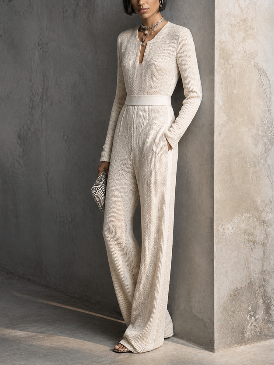Women's Textured Minimalist Knit V-Neck Long Sleeve Wide Leg Jumpsuit MDZ0500H0GMJ