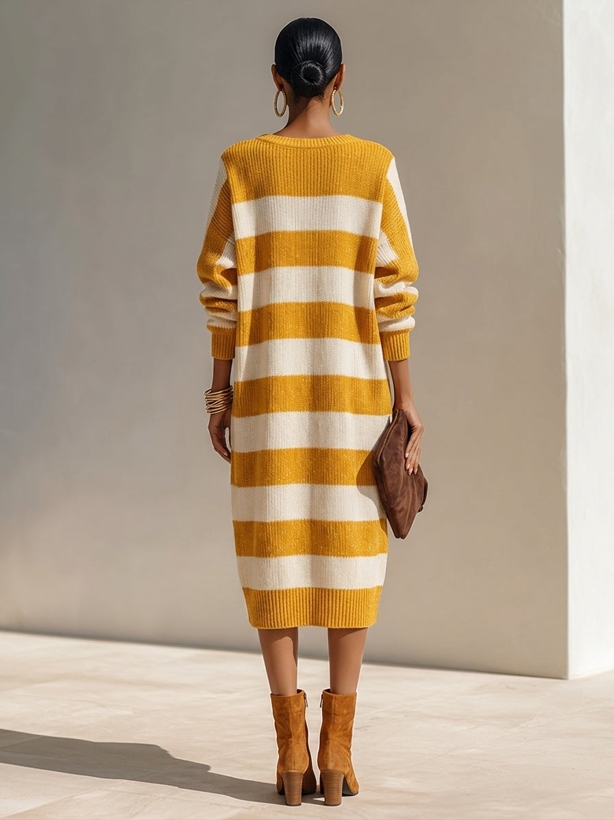Women's Yellow & White Horizontal Stripe Loose-Fit Knit Midi Dress MDZ0572H6ZRK