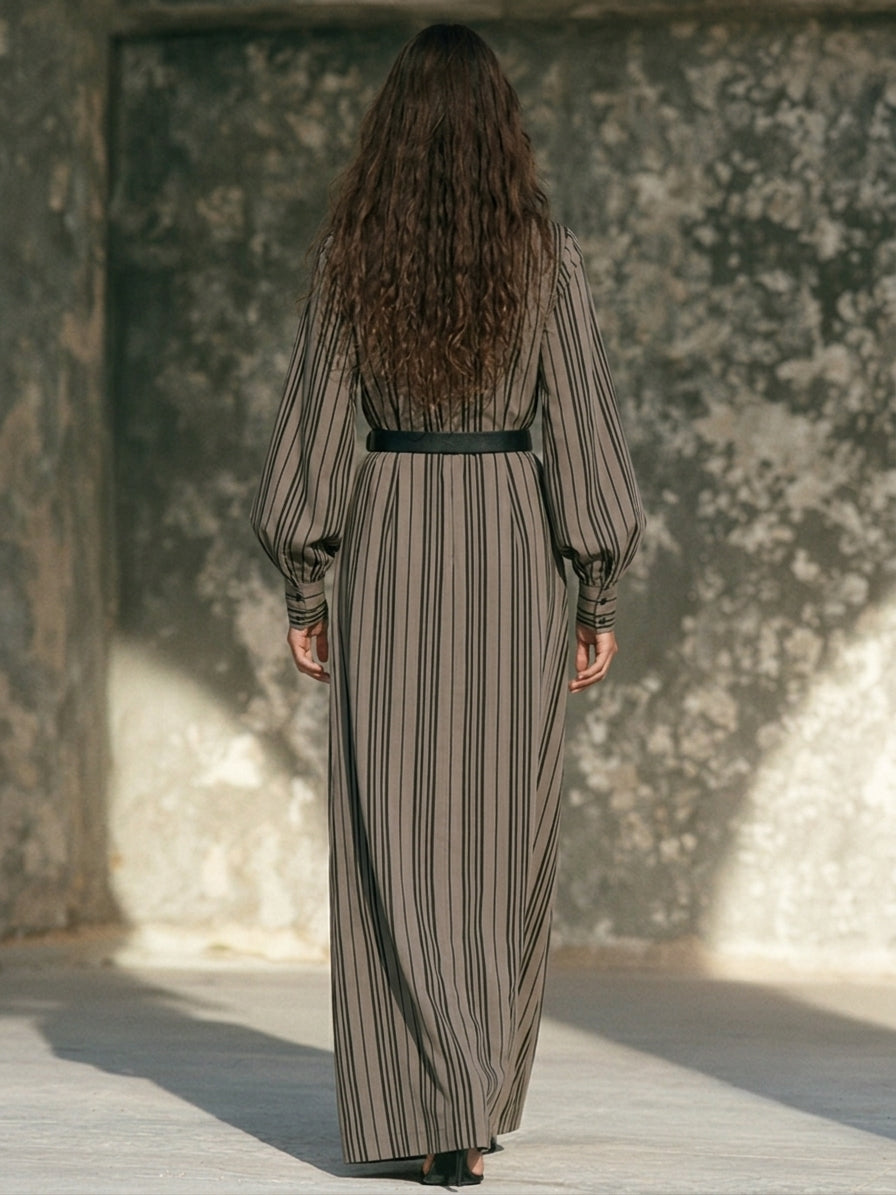Women's Vertical-Stripe Collared Lantern-Sleeve Shirt Maxi Dress MDZ0507H4ZRK