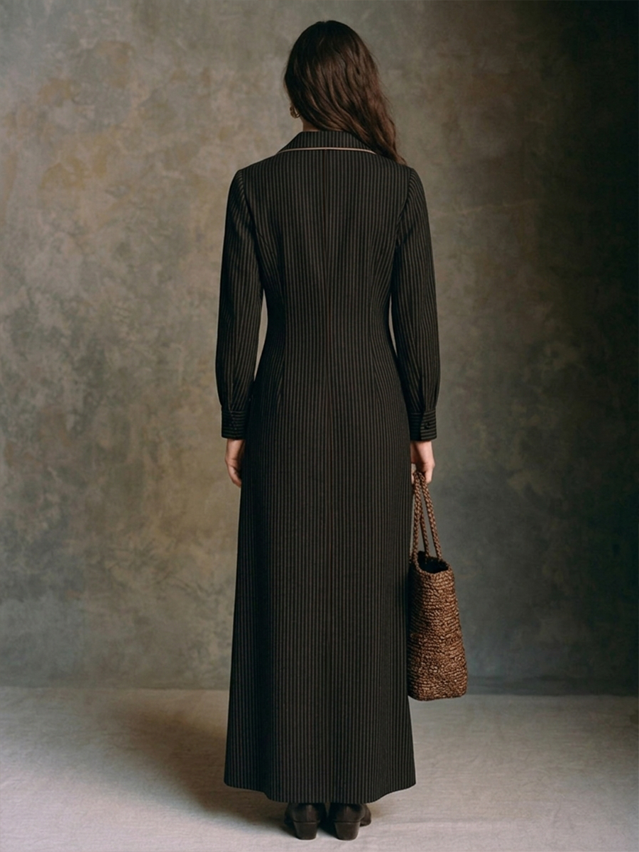 Women's Elegant Vertical-Stripe Long Dress with Suit-Style Collar MDZ0547H8ZRK