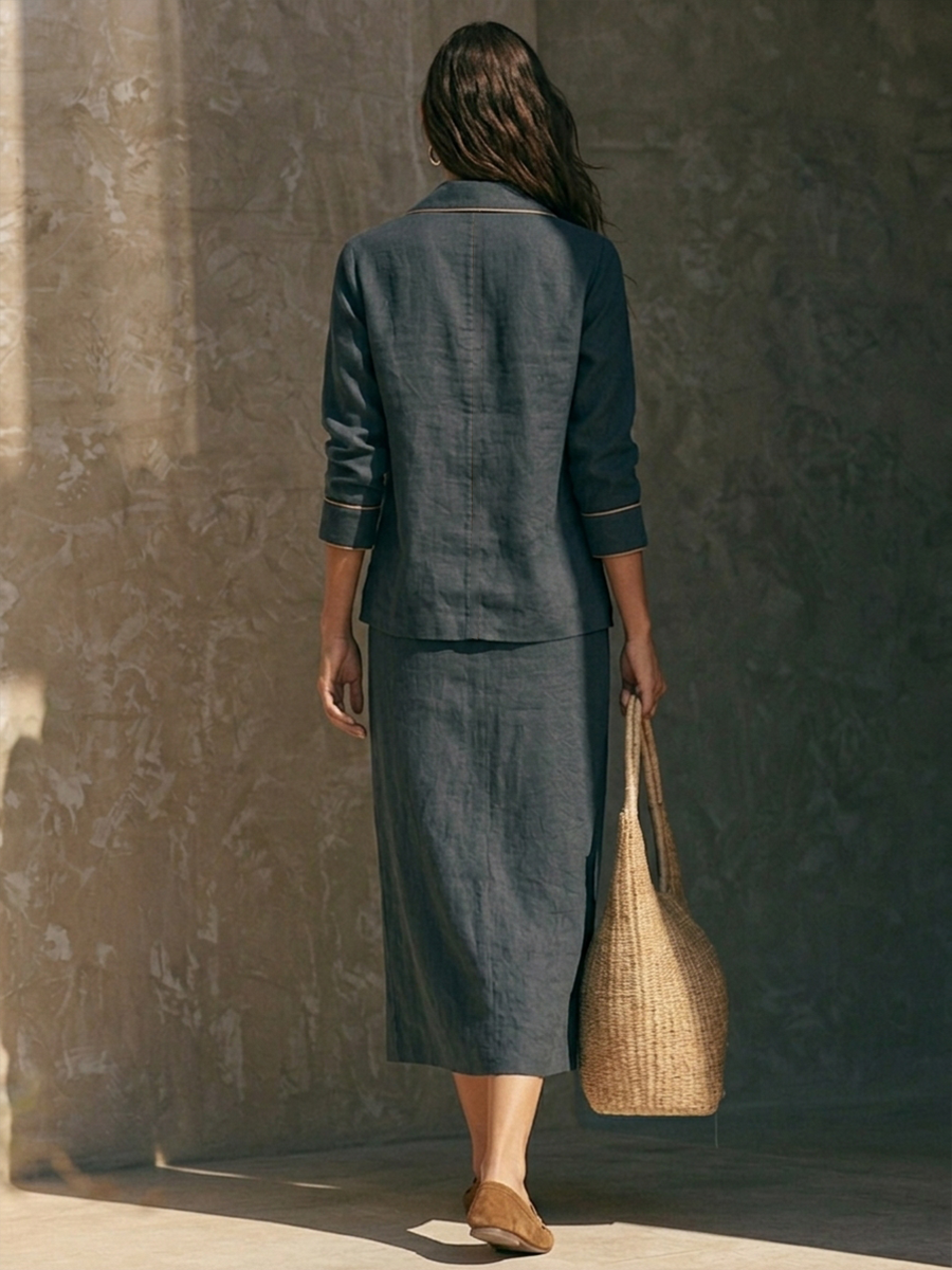 Women's Cotton-Linen Set – Collared Top & Midi Skirt With Contrast Piping MDZ0500H1ZRK