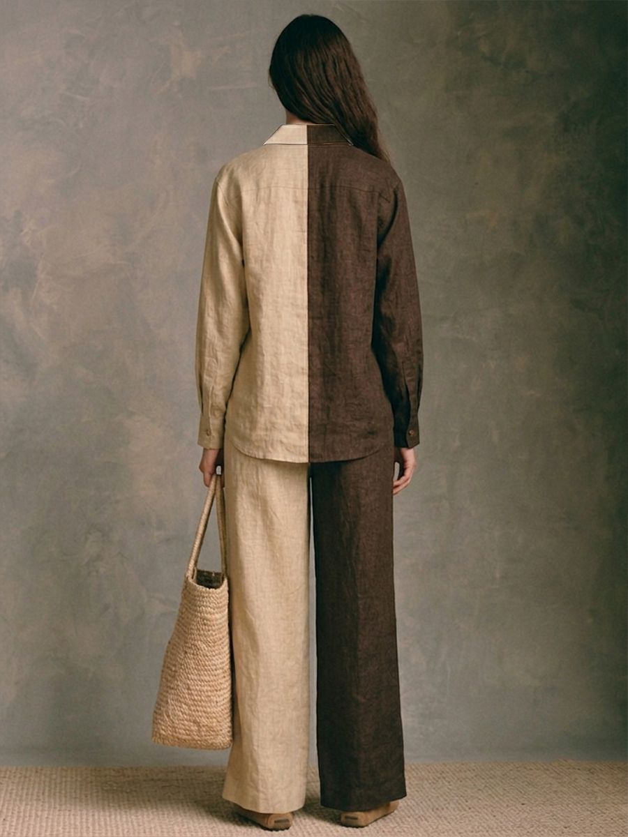 Women's Color-Block Cotton-Linen Shirt & Wide-Leg Trouser Set MDZ0527H3ZRK