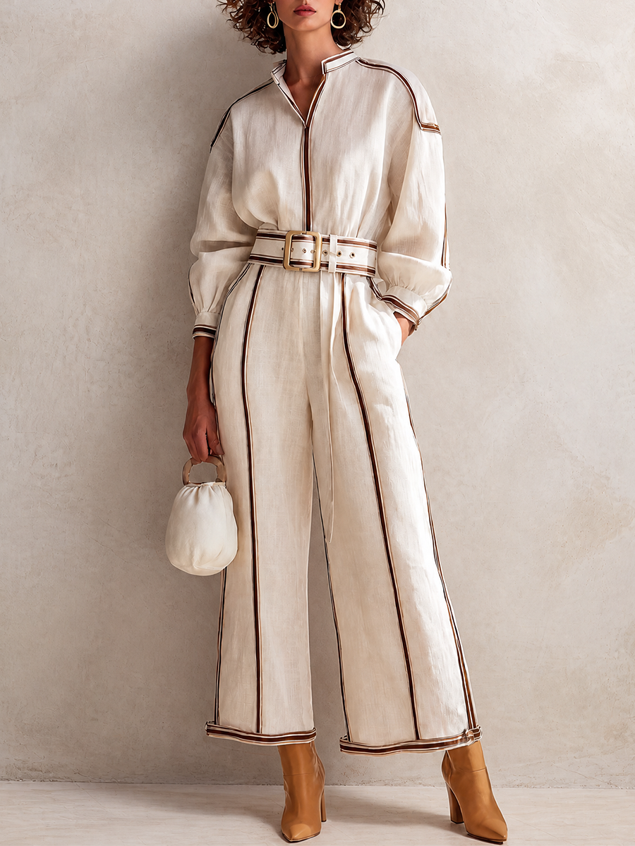 Women's Elegant Linen Contrast-Piping Stand-Collar Belted Long-Sleeve Shirt & Wide-Leg Trouser Set MDZ0675H1CMX