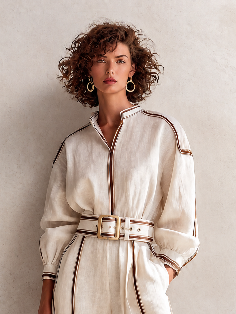 Women's Elegant Linen Contrast-Piping Stand-Collar Belted Long-Sleeve Shirt & Wide-Leg Trouser Set MDZ0675H1CMX