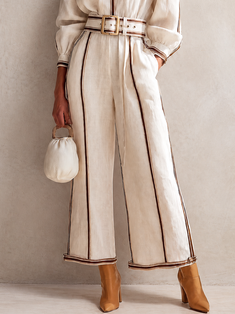 Women's Elegant Linen Contrast-Piping Stand-Collar Belted Long-Sleeve Shirt & Wide-Leg Trouser Set MDZ0675H1CMX