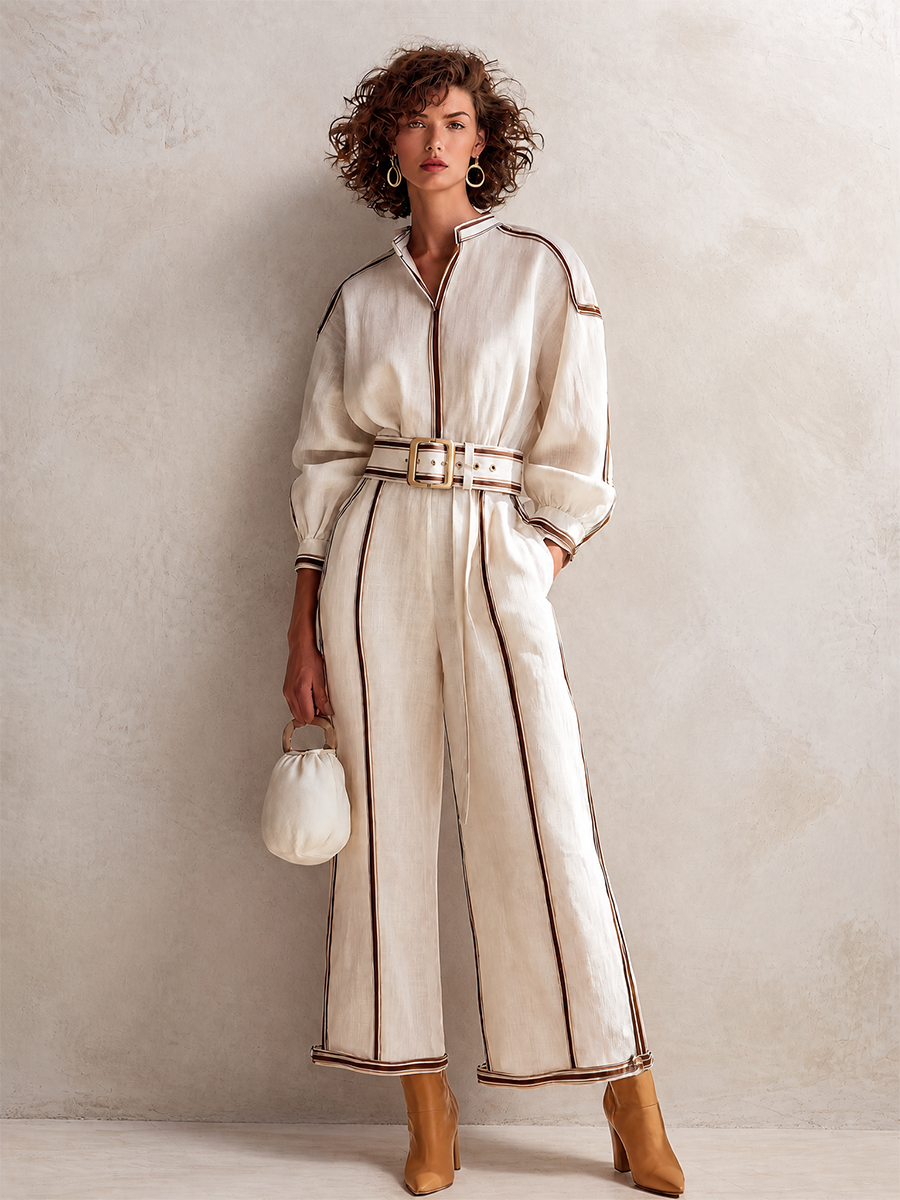 Women's Elegant Linen Contrast-Piping Stand-Collar Belted Long-Sleeve Shirt & Wide-Leg Trouser Set MDZ0675H1CMX