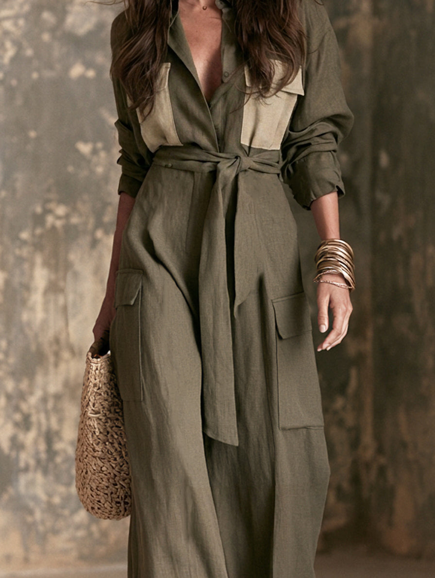 Women's Casual Dark Green Cotton-Linen Long-Sleeve Jumpsuit MDZ0681H5LXY