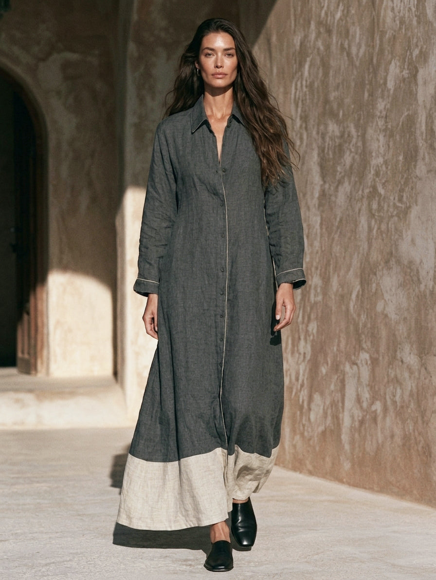 Women's Casual Grey Cotton-linen Long-sleeved Maxi Dress MDZ0608H7LXY