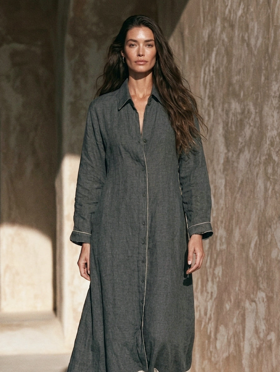 Women's Casual Grey Cotton-linen Long-sleeved Maxi Dress MDZ0608H7LXY
