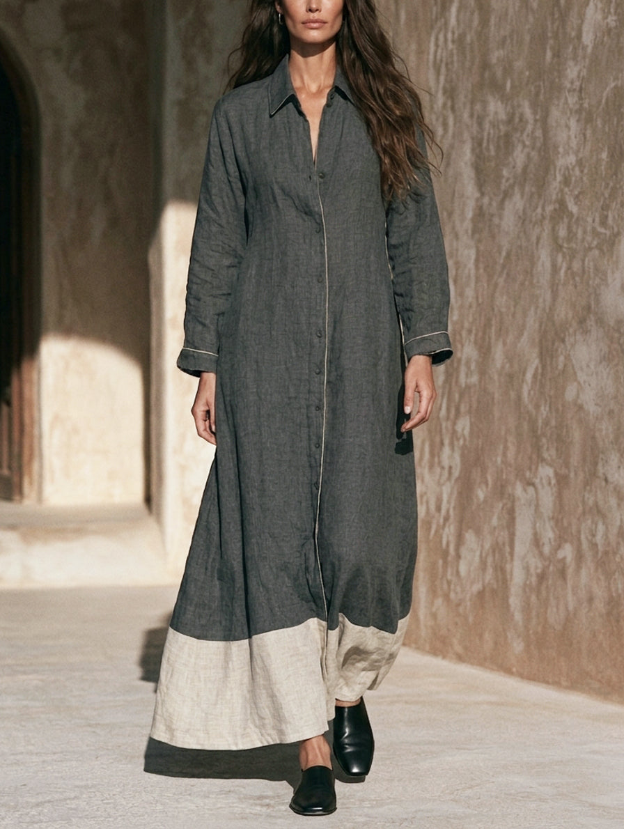 Women's Casual Grey Cotton-linen Long-sleeved Maxi Dress MDZ0608H7LXY