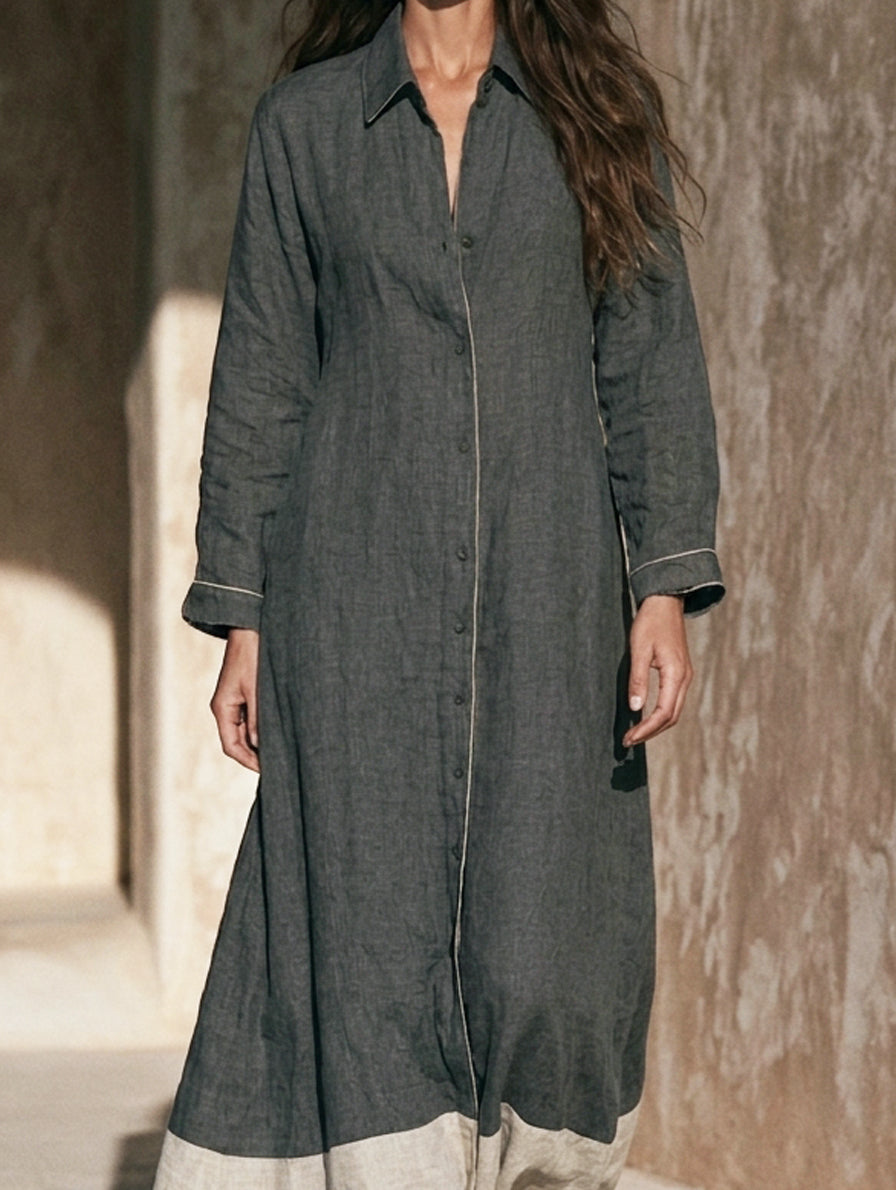 Women's Casual Grey Cotton-linen Long-sleeved Maxi Dress MDZ0608H7LXY