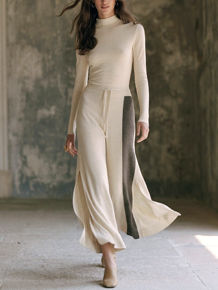 Women's Beige Long-sleeve Top And Pants Set In Stretchy Knit Fabric MDZ0635H5LXY