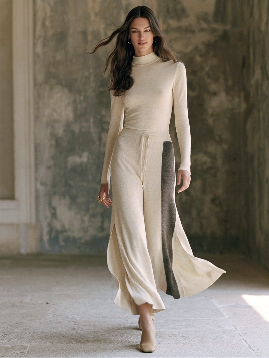 Women's Beige Long-sleeve Top And Pants Set In Stretchy Knit Fabric MDZ0635H5LXY