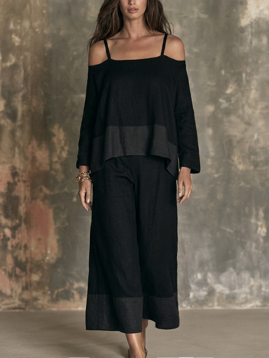 Women's Casual Black Cotton-Linen Long-Sleeve Off-Shoulder Set MDZ0671H0LXY