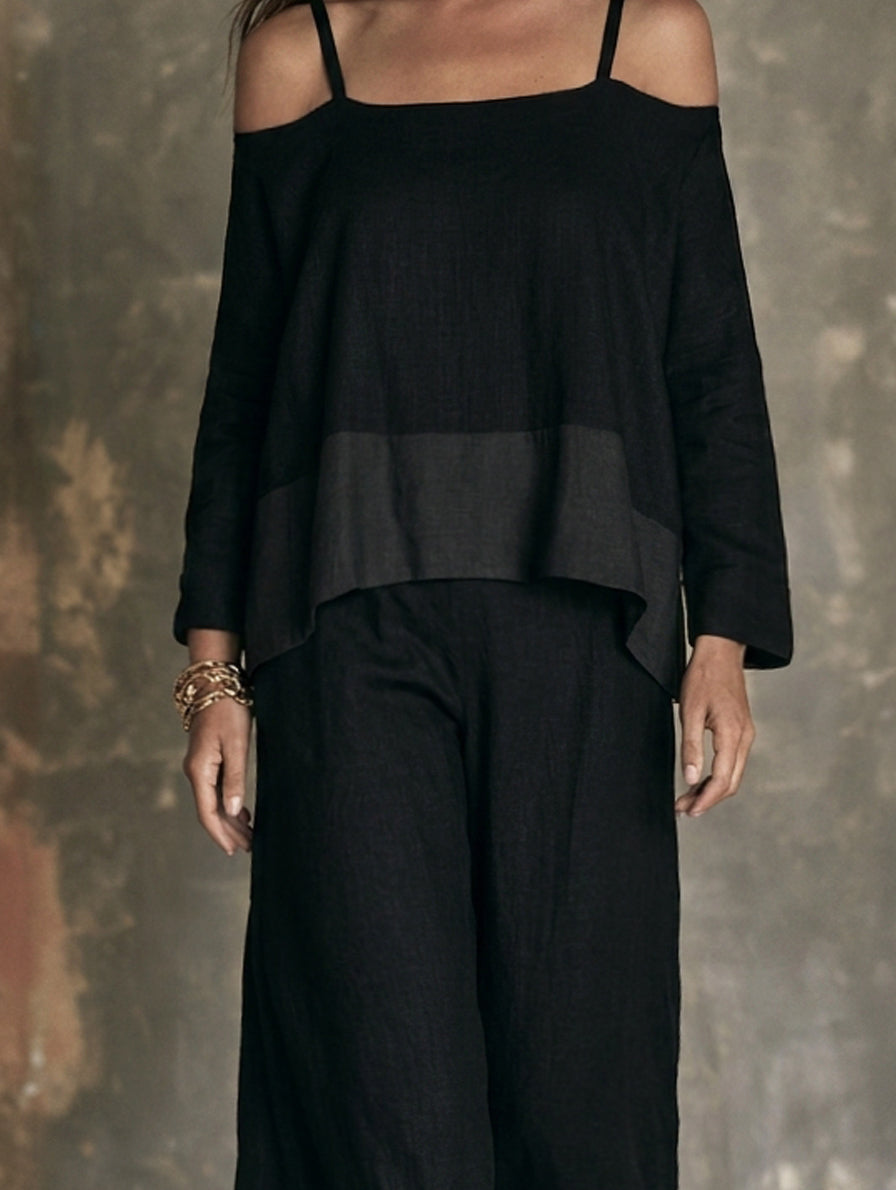 Women's Casual Black Cotton-Linen Long-Sleeve Off-Shoulder Set MDZ0671H0LXY