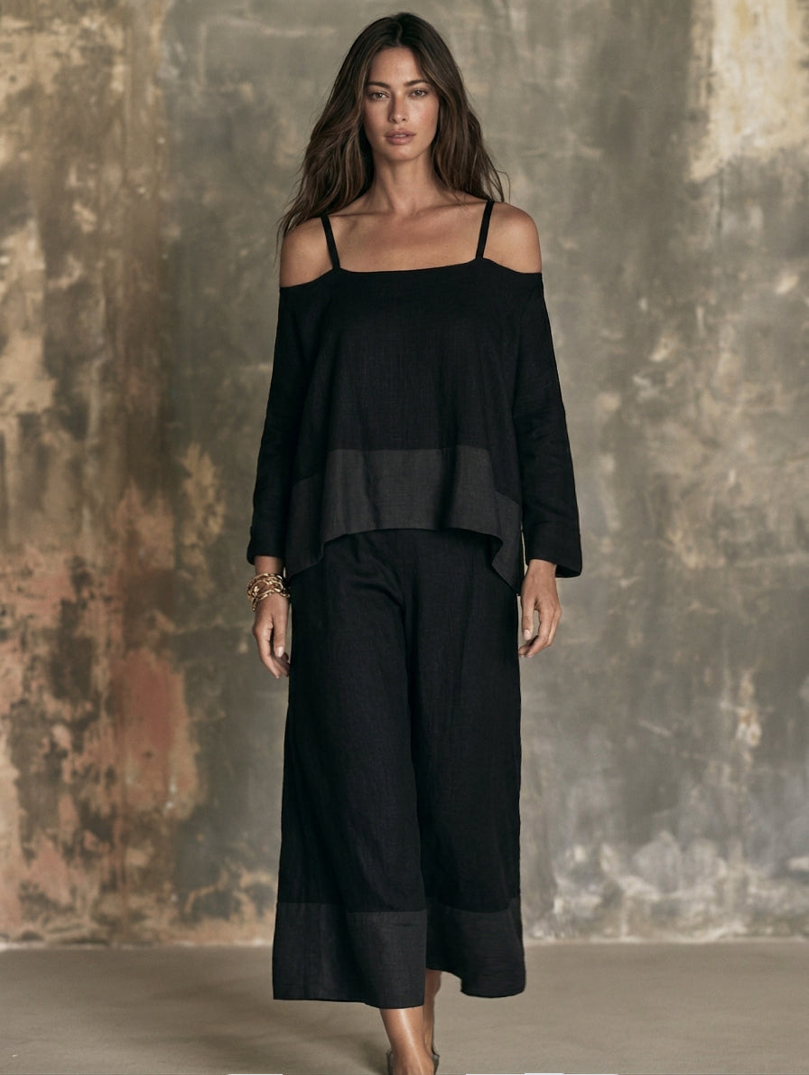 Women's Casual Black Cotton-Linen Long-Sleeve Off-Shoulder Set MDZ0671H0LXY