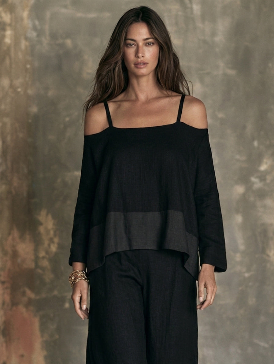 Women's Casual Black Cotton-Linen Long-Sleeve Off-Shoulder Set MDZ0671H0LXY