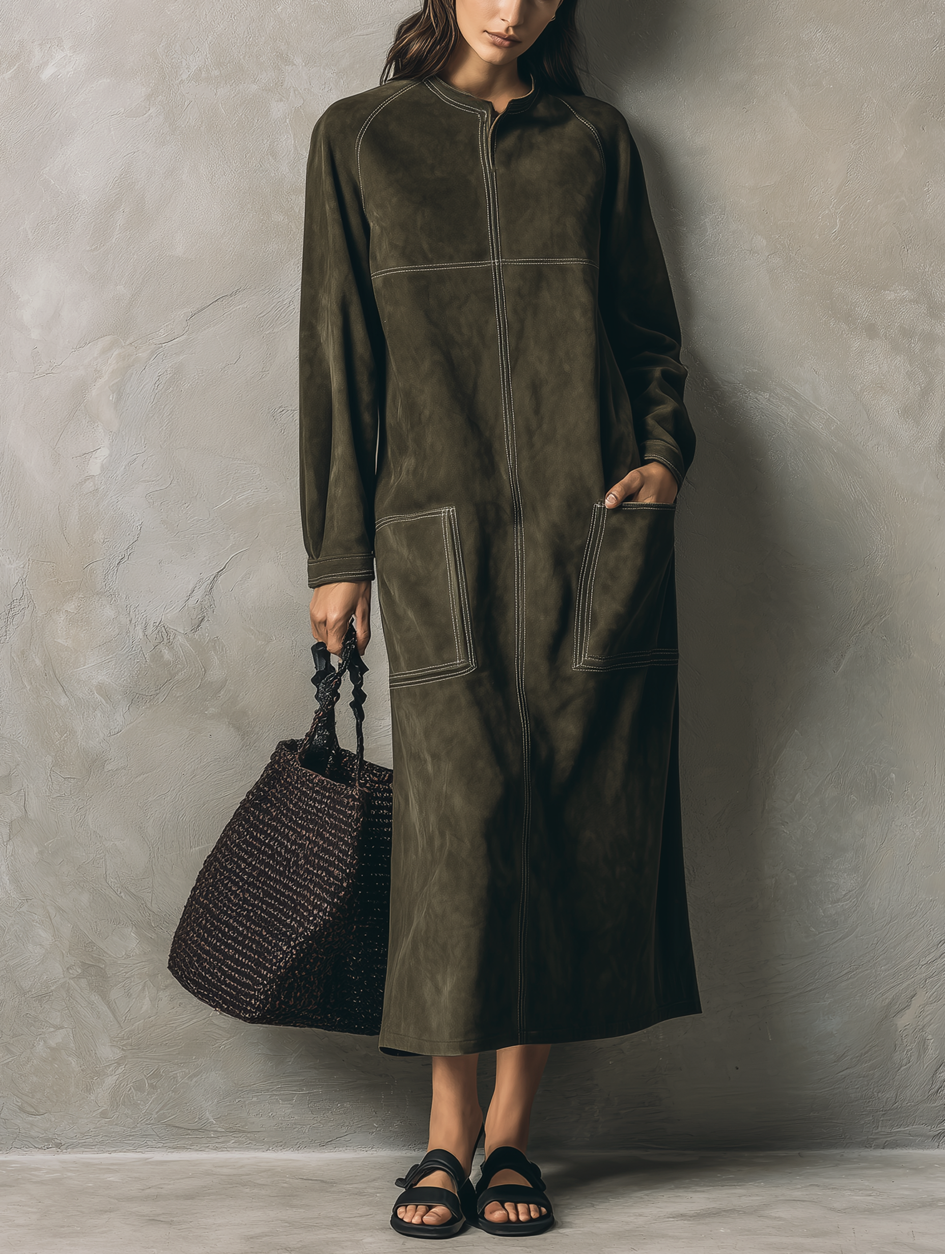 Women's Casual Olive Green Suede Long-sleeve Maxi Dress MDZ0631H8LXY