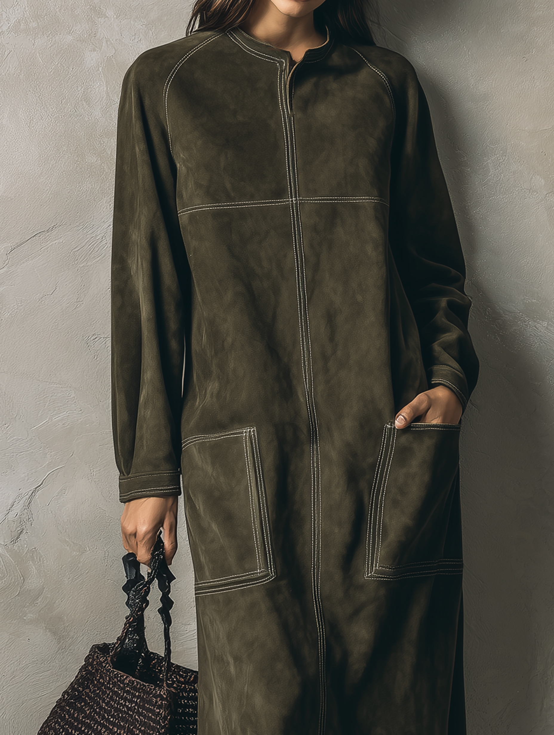 Women's Casual Olive Green Suede Long-sleeve Maxi Dress MDZ0631H8LXY