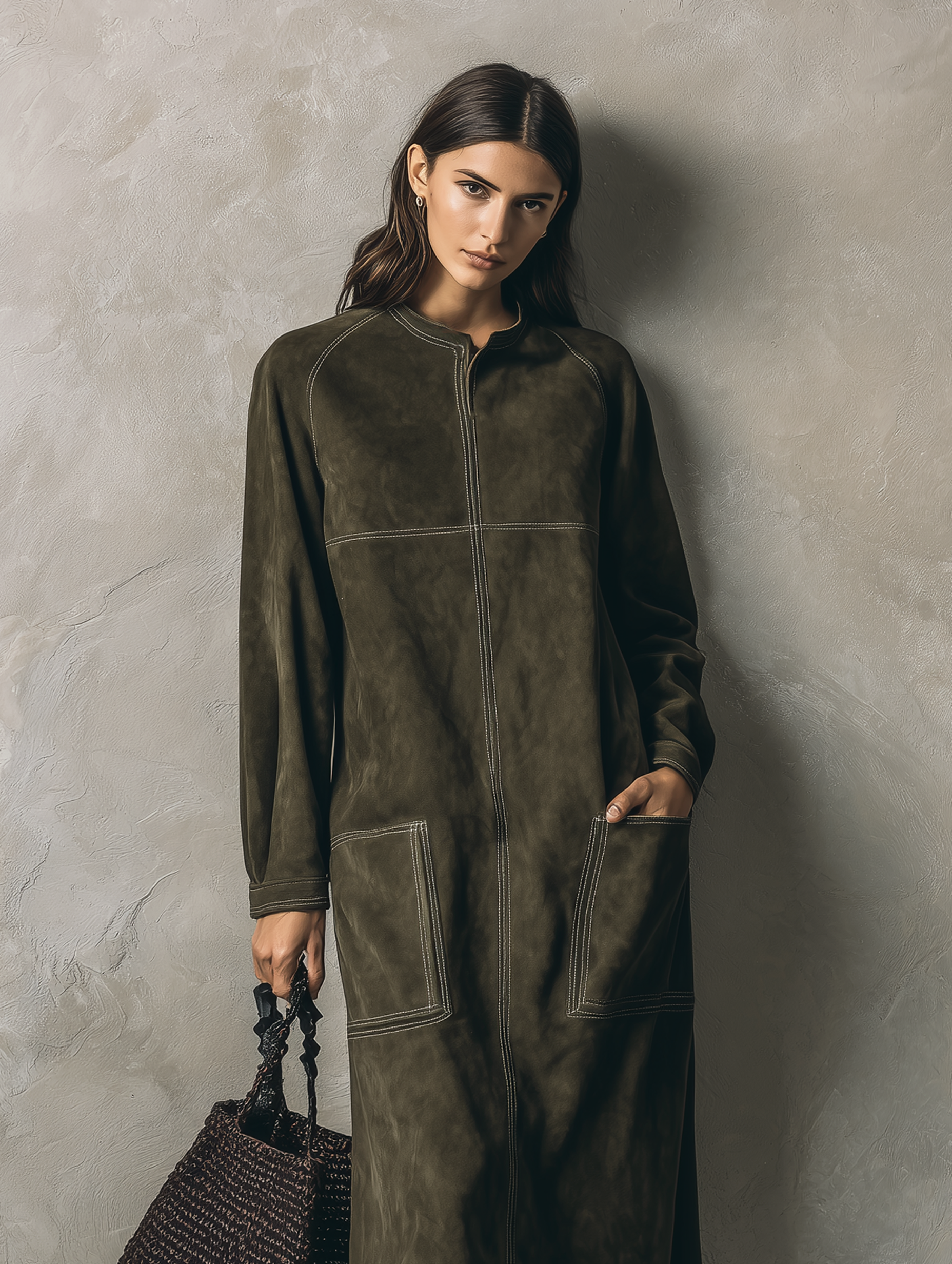 Women's Casual Olive Green Suede Long-sleeve Maxi Dress MDZ0631H8LXY