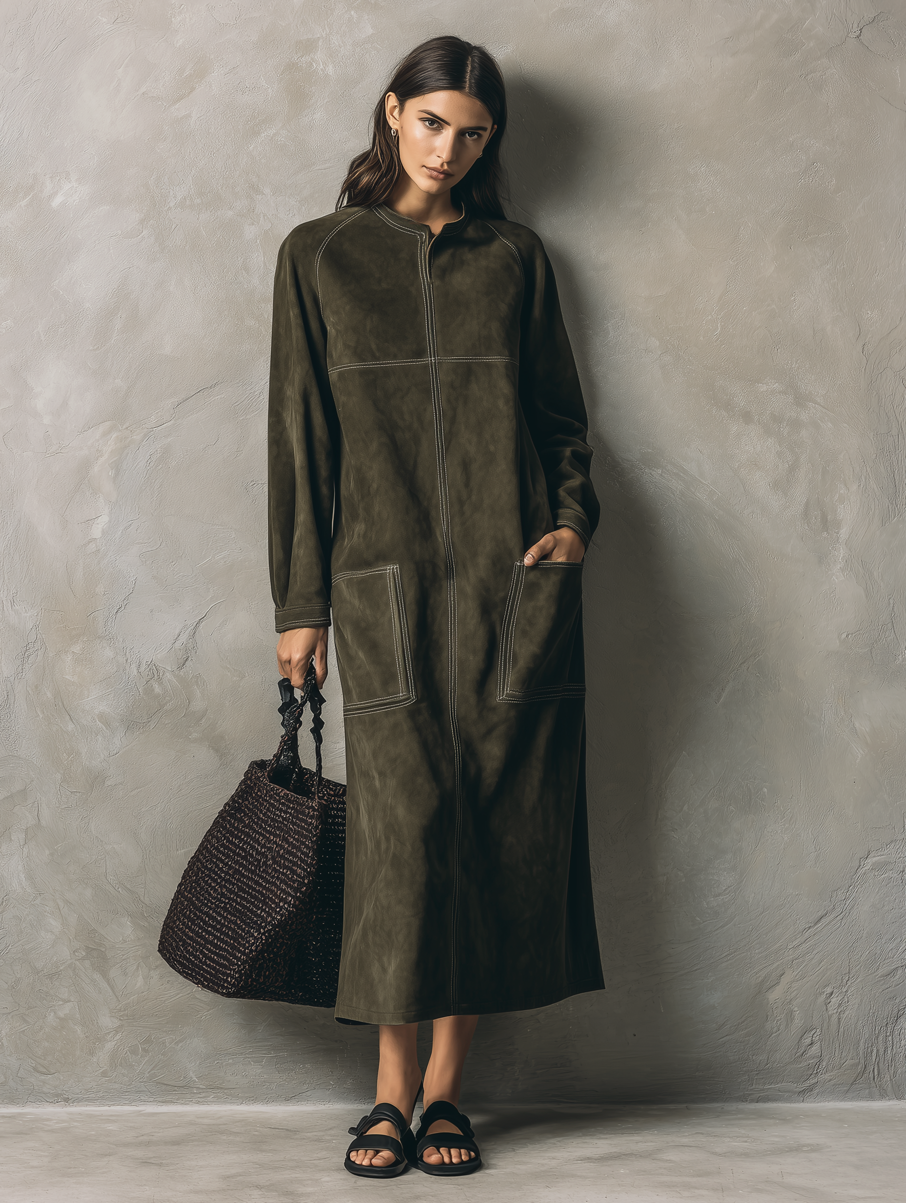 Women's Casual Olive Green Suede Long-sleeve Maxi Dress MDZ0631H8LXY
