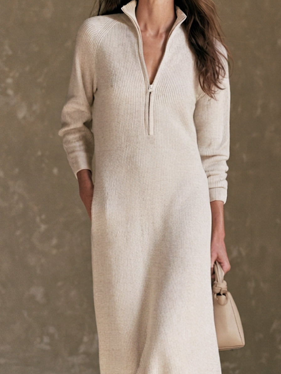 Women's Casual Oatmeal Knit Long-Sleeve Maxi Dress With Zip Collar MDZ0698H4LXY