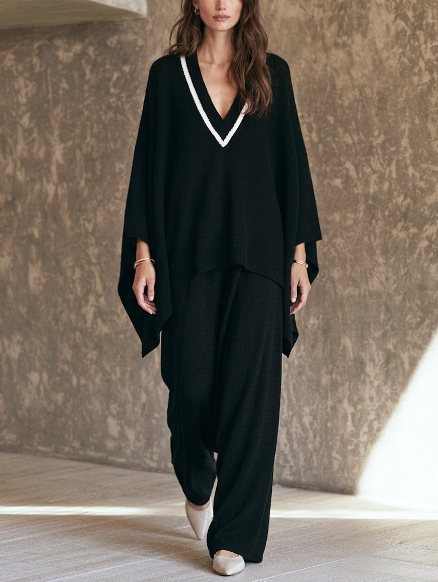 Women's Casual Black V-Neck Knit Top And Pants Set MDZ0672H8LXY