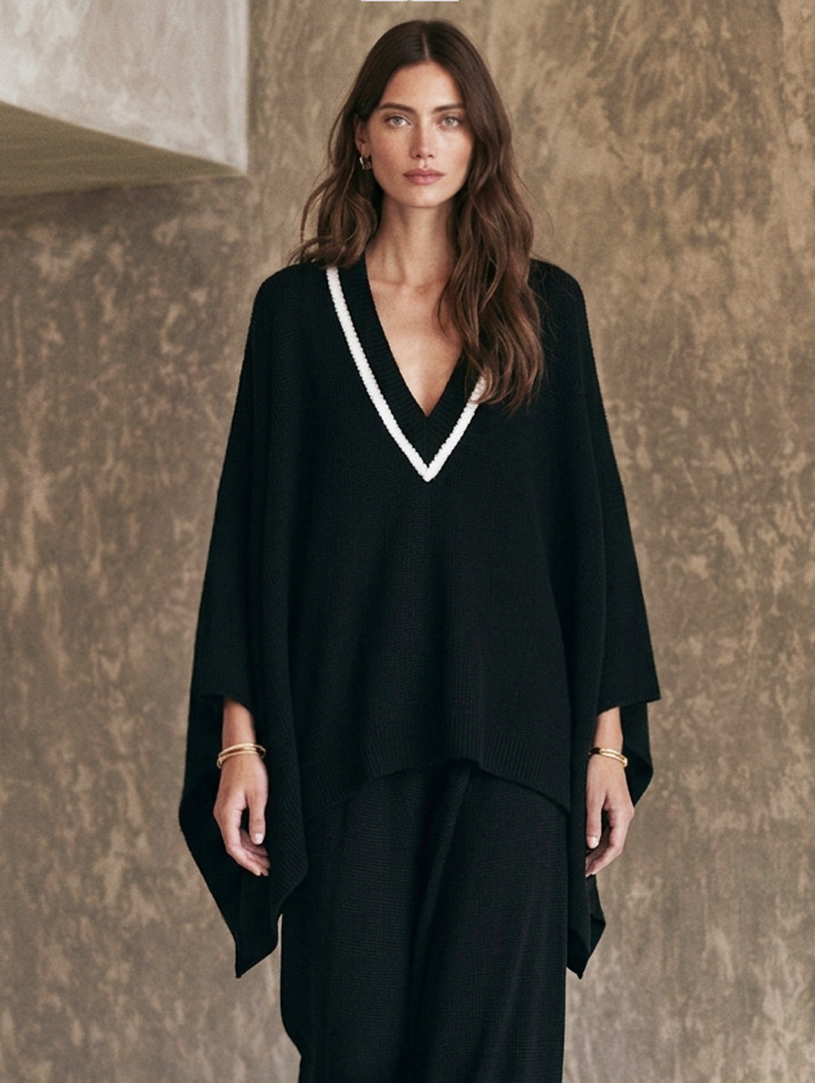 Women's Casual Black V-Neck Knit Top And Pants Set MDZ0672H8LXY