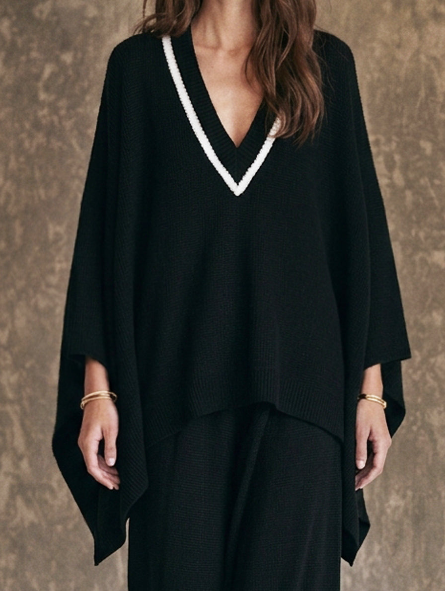 Women's Casual Black V-Neck Knit Top And Pants Set MDZ0672H8LXY