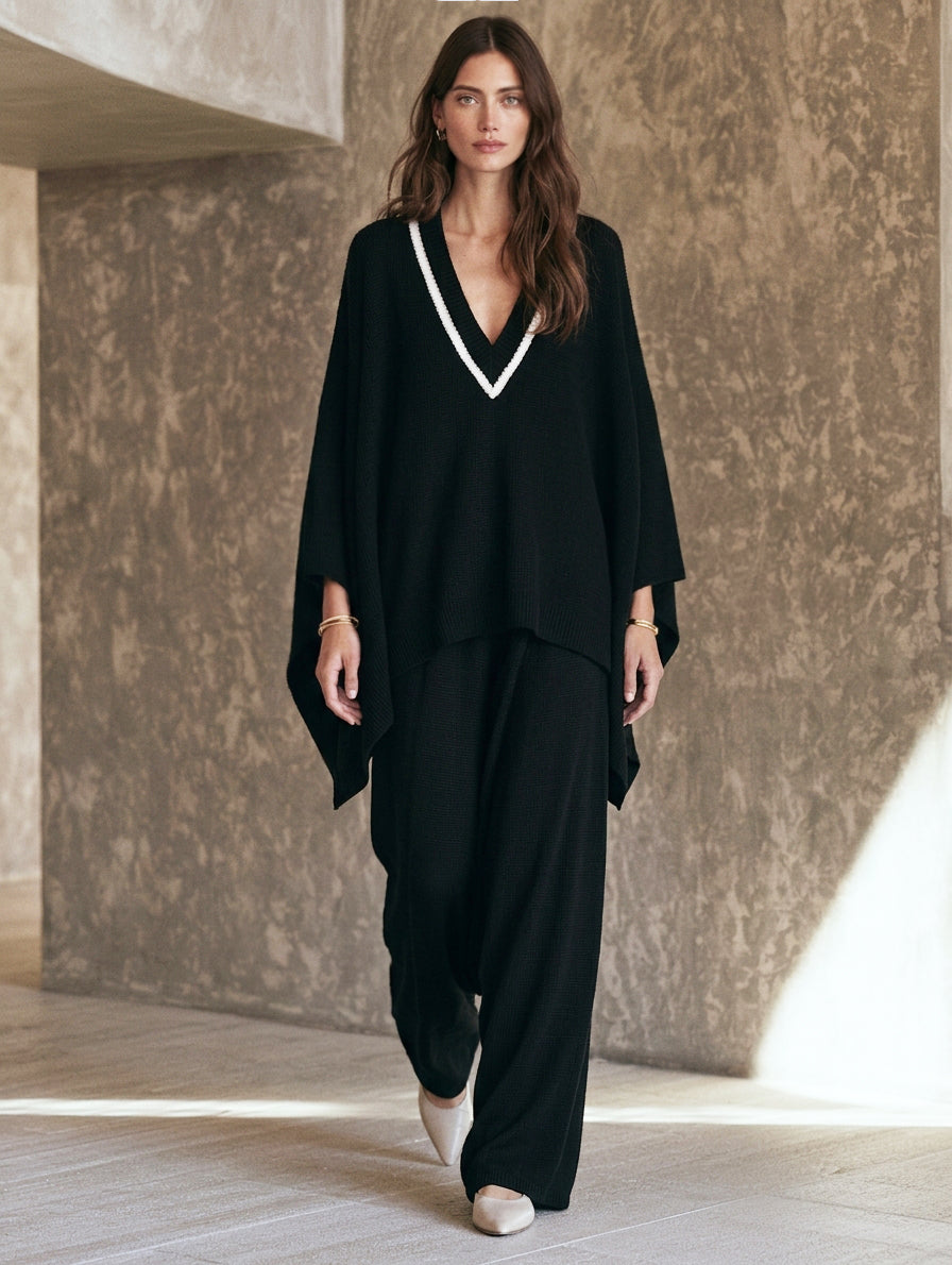 Women's Casual Black V-Neck Knit Top And Pants Set MDZ0672H8LXY