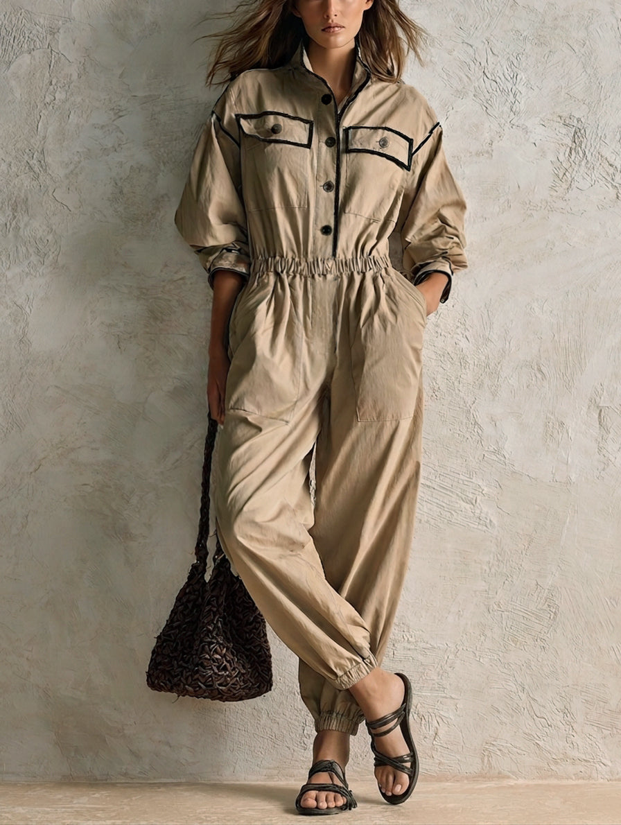 Women's Casual Khaki Woven Long-Sleeve Jumpsuit MDZ0655H6LXY