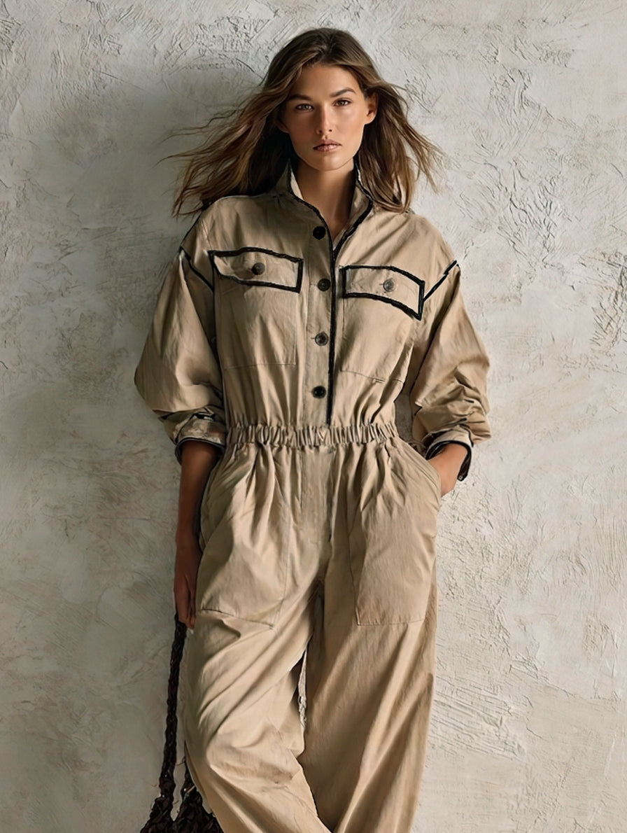 Women's Casual Khaki Woven Long-Sleeve Jumpsuit MDZ0655H6LXY