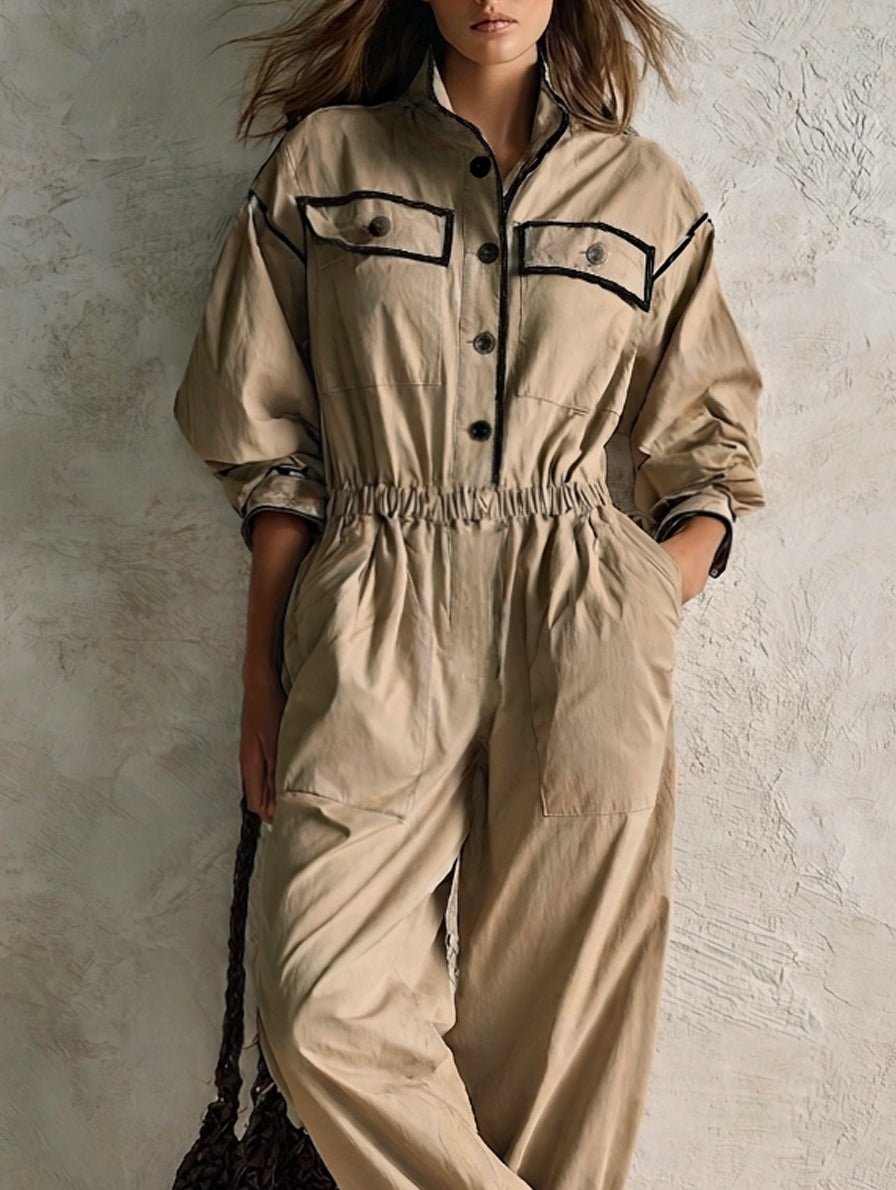 Women's Casual Khaki Woven Long-Sleeve Jumpsuit MDZ0655H6LXY