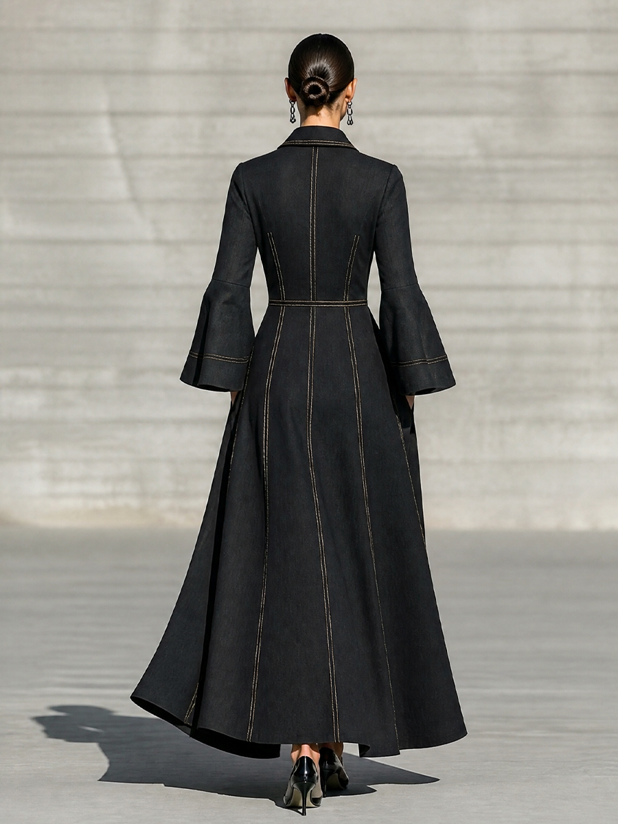 Women's Pocket Design Contrast Stitch Retro Lapel Long Sleeve Dress MDZ0626H7LYL