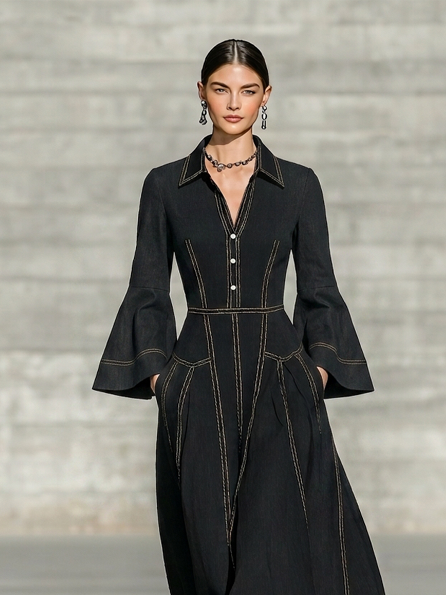Women's Pocket Design Contrast Stitch Retro Lapel Long Sleeve Dress MDZ0626H7LYL