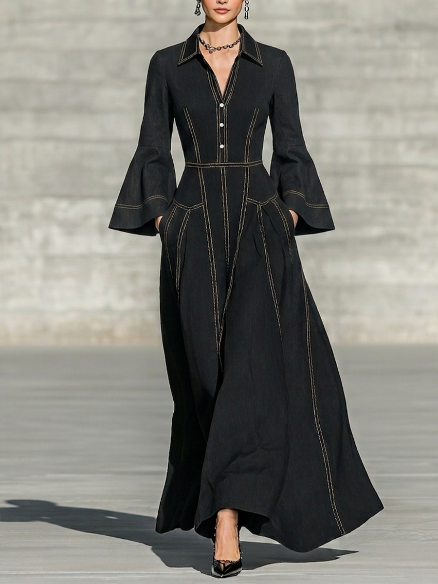 Women's Pocket Design Contrast Stitch Retro Lapel Long Sleeve Dress MDZ0626H7LYL