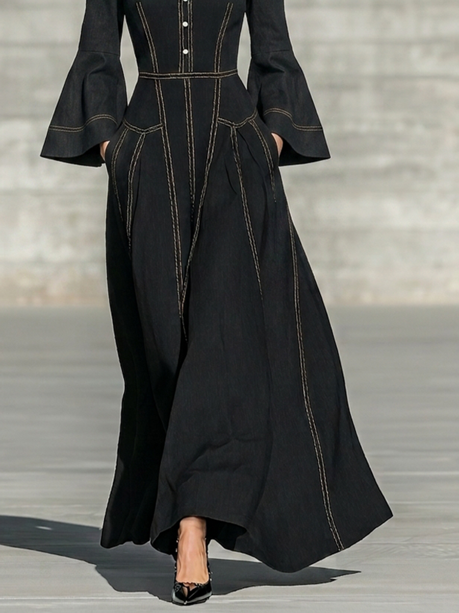 Women's Pocket Design Contrast Stitch Retro Lapel Long Sleeve Dress MDZ0626H7LYL