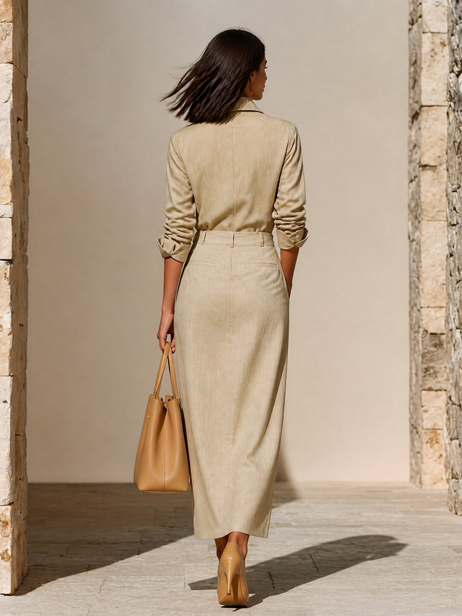 Women's Relaxed Fit Solid Linen Minimalist Turn Down Collar Co Ord Suit MDZ0628H2LYL