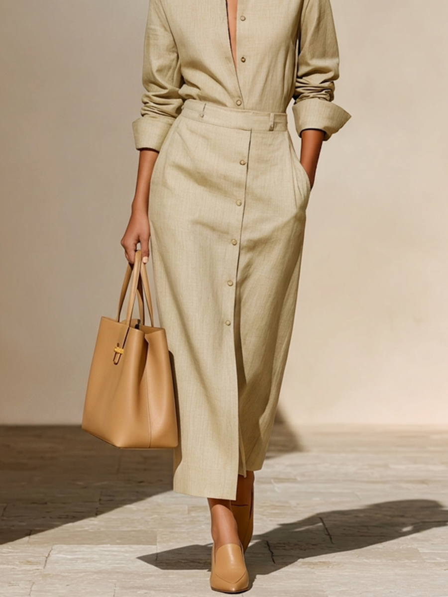 Women's Relaxed Fit Solid Linen Minimalist Turn Down Collar Co Ord Suit MDZ0628H2LYL