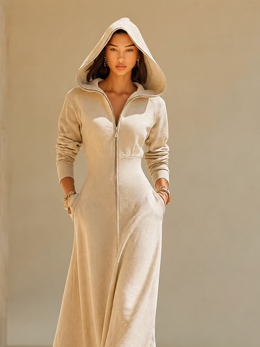 Women's Slimming Loose Lounge Minimalist Full Zip Hoodie Long Dress Cream MDZ0622H3LYL