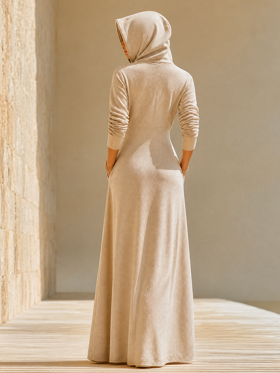 Women's Slimming Loose Lounge Minimalist Full Zip Hoodie Long Dress Cream MDZ0622H3LYL