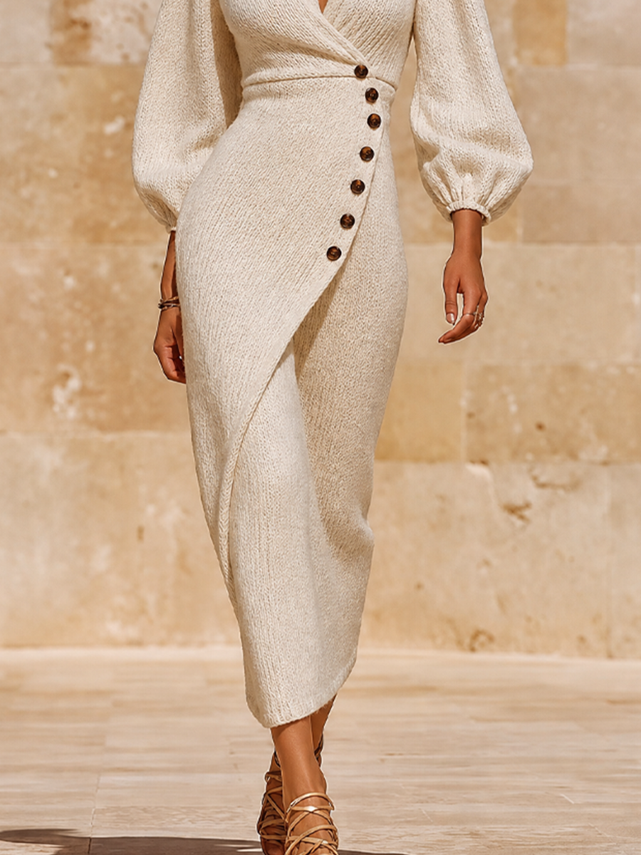 Women's Slim Side Button Knit Chic Deep V Lantern Sleeve Split Knit Dress MDZ0628H3LYL