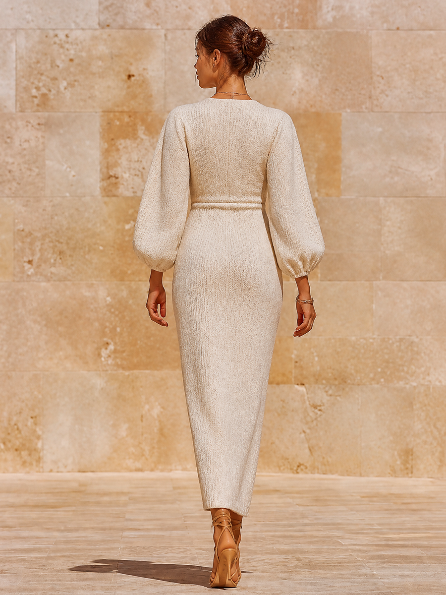 Women's Slim Side Button Knit Chic Deep V Lantern Sleeve Split Knit Dress MDZ0628H3LYL