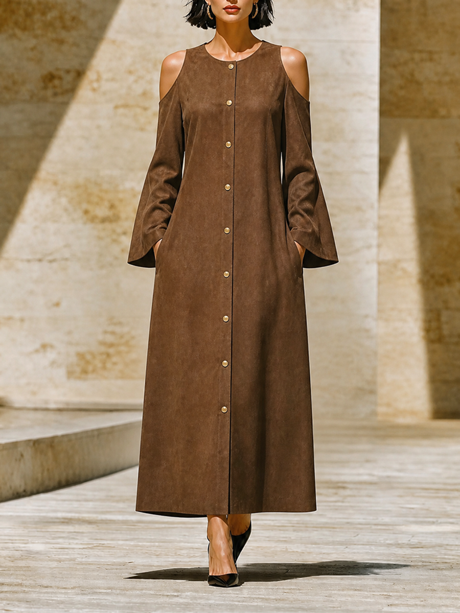 Women's Front Button Loose Minimalist Round Neck Cut Out Shoulder Long Dress MDZ0699H0LYL