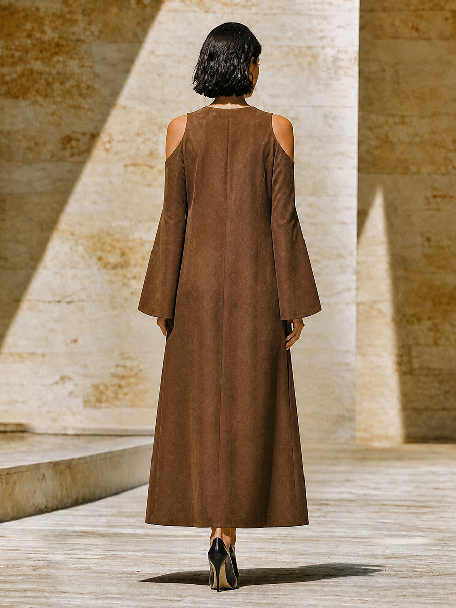 Women's Front Button Loose Minimalist Round Neck Cut Out Shoulder Long Dress MDZ0699H0LYL
