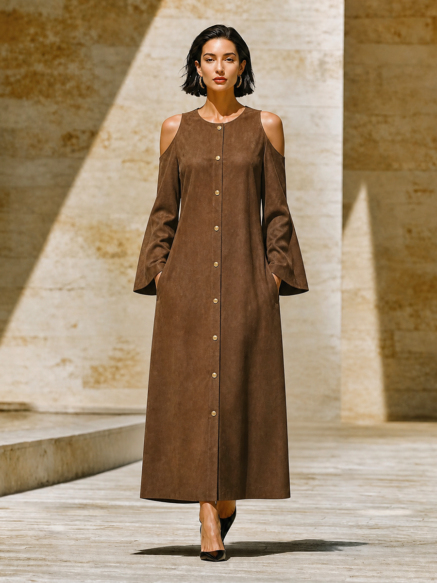Women's Front Button Loose Minimalist Round Neck Cut Out Shoulder Long Dress MDZ0699H0LYL