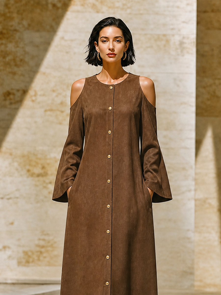 Women's Front Button Loose Minimalist Round Neck Cut Out Shoulder Long Dress MDZ0699H0LYL