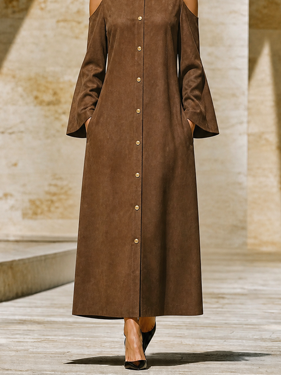 Women's Front Button Loose Minimalist Round Neck Cut Out Shoulder Long Dress MDZ0699H0LYL