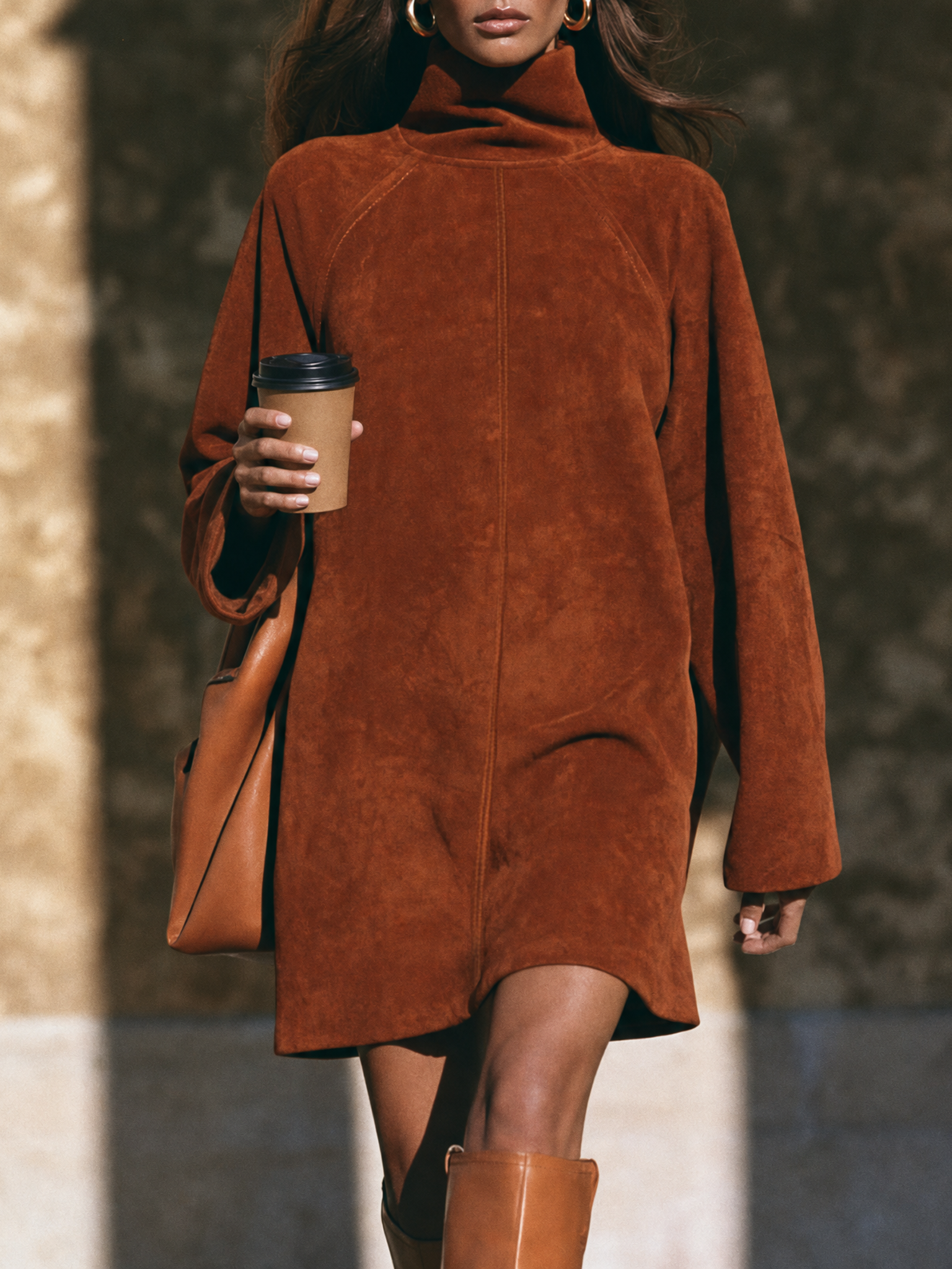 Women's Minimalist Faux Suede Mock-Neck Raglan-Sleeve Mini Dress MDZ0627H2WY