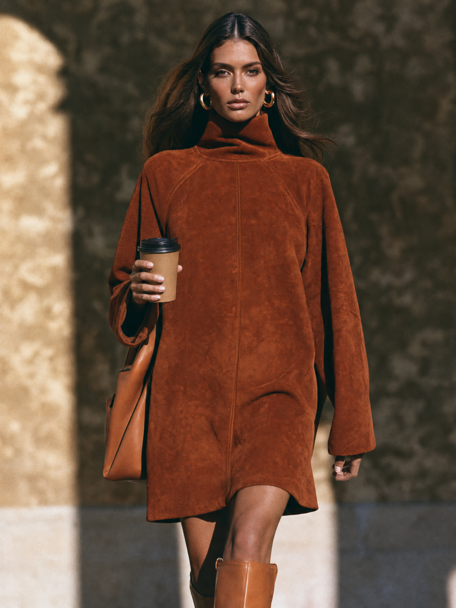 Women's Minimalist Faux Suede Mock-Neck Raglan-Sleeve Mini Dress MDZ0627H2WY